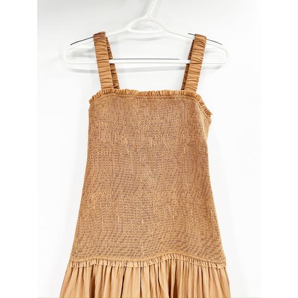 Cinq a Sept Rina Smocked Midi Dress in Sahara Tan 6 - Picture 3 of 6